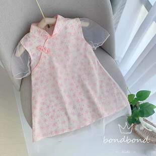 女宝夏季新中式秀气旗袍连衣裙中小童民族国民风粉色短袖碎花纱裙