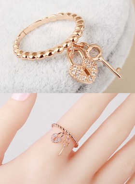 时尚甜美流苏戒指女日韩版气质个性微镶锁匙可爱指环尾戒潮人饰品