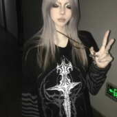 湿体wetbody 原创亚文化哥特暗黑印花假两件长袖 T恤中性上衣女