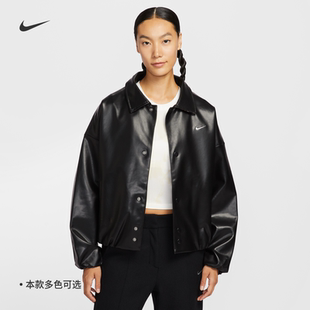 25新款Nike耐克女子外套Oversize风皮面豹纹翻领运动夹克IO0477