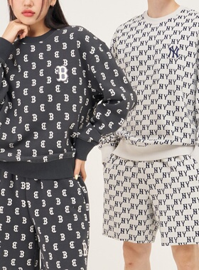 MLB情侣款运动卫衣NY复古老花满标宽松休闲圆领套头衫3AMTM0334