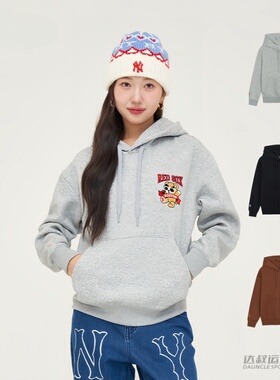 24新款MLB情侣卫衣男女NY卡通皱眉熊加绒运动休闲套头衫3AHDE0146