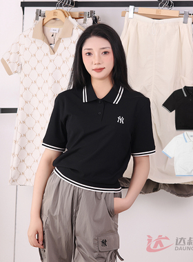 25新款MLB女款短袖NY刺绣学院风翻领polo衫短款运动T恤3FPQB0253