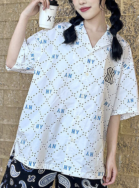 MLB情侣短袖衬衫男女NY刺绣老花满印宽松休闲运动T恤3AWSM0533