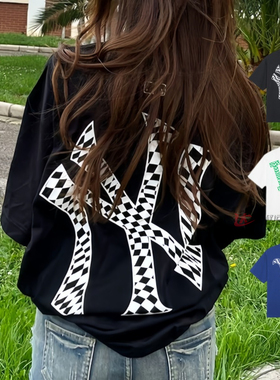 24新款MLB情侣短袖男女NY大标棋盘格logo休闲运动T恤3ATSO0243