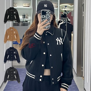 24新款MLB棒球服外套女NY毛呢短款翻领保暖运动休闲夹克3FJPV1046