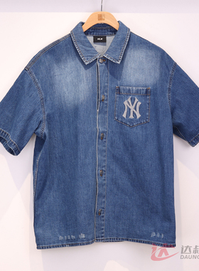 特价25新款MLB外套男女NY复古大标牛仔短袖衬衫运动夹克3ADRB0253
