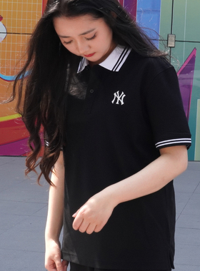 24新款MLB情侣短袖男女NY刺绣复古休闲polo衫运动T恤3APQB0243