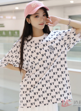 24新款MLB情侣短袖男女NY满印复古老花圆领休闲运动T恤3ATSM0843