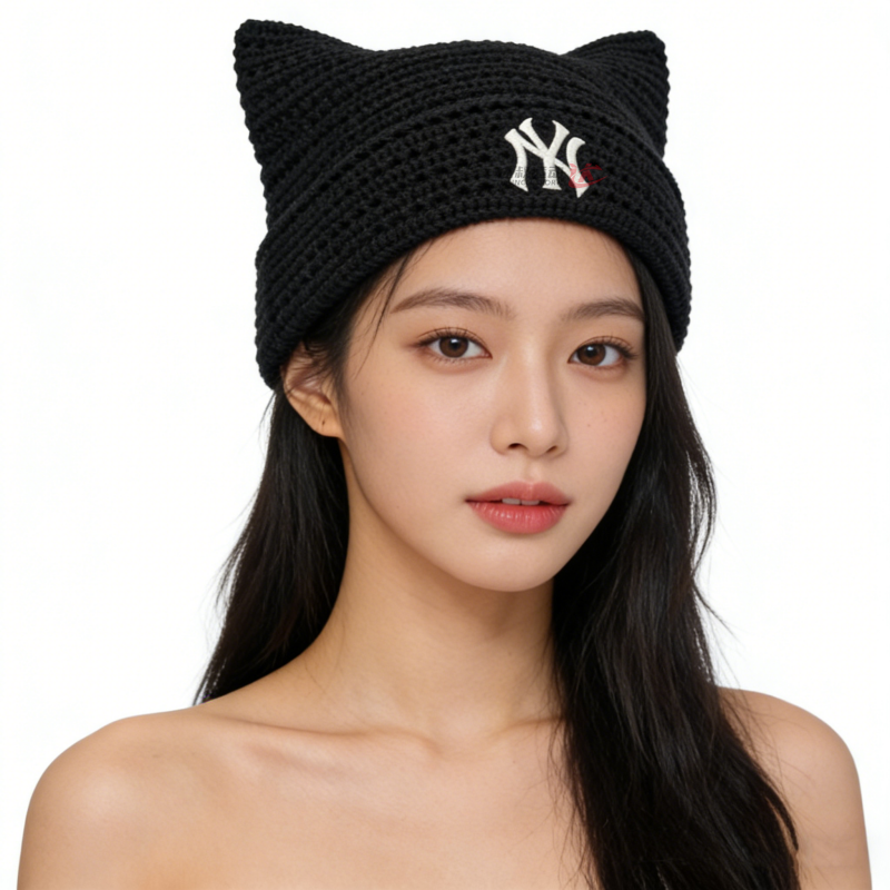 26新款MLB猫耳帽男女NY镂空透气针织帽运动休闲精灵帽3ABNB0163