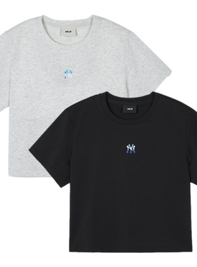 24新款MLB短袖女款NY炫彩字母小标圆领短款休闲运动T恤3FTSBA343