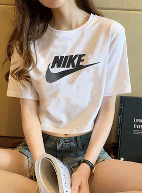 24新款Nike耐克女款短袖宽松透气纯棉短款露脐休闲运动T恤BV6176