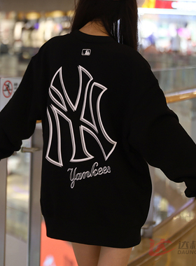 24新款MLB情侣卫衣男女NY镂空大标圆领运动休闲套头衫3AMTB9744