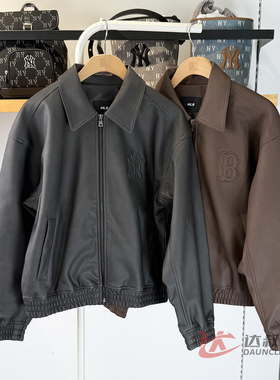 25新款MLB情侣外套男女NY仿皮夹克保暖翻领运动休闲夹克3AJPB0654