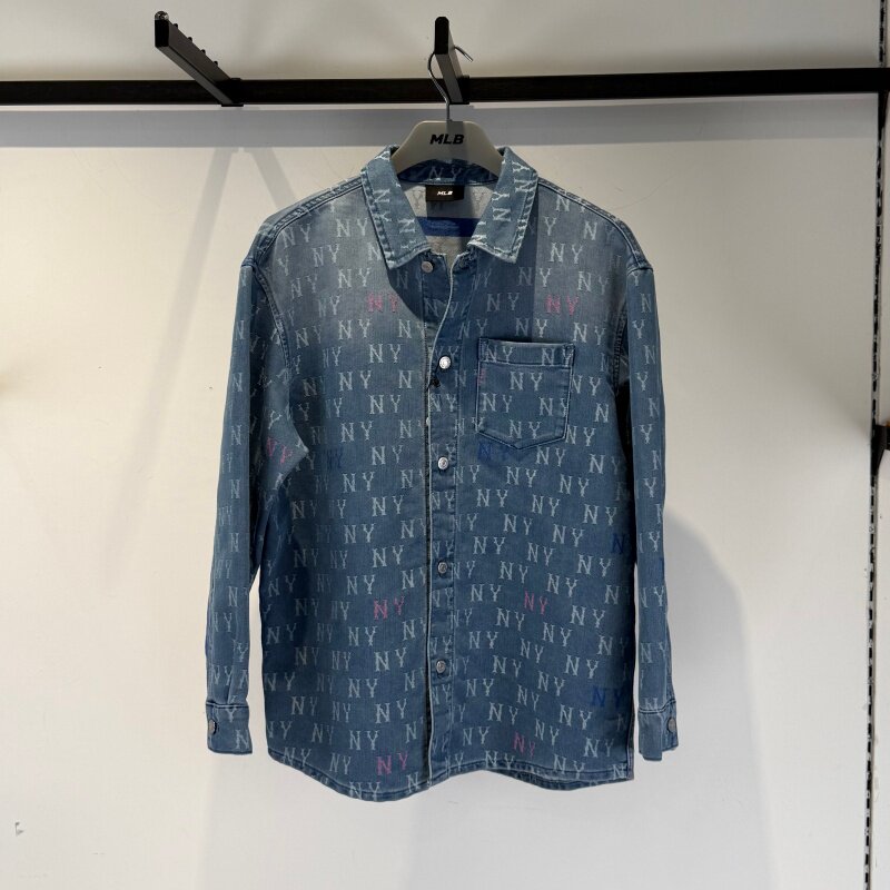 26新款MLB情侣牛仔外套男女NY刺绣复古老花宽松休闲衬衫3ADRM0561