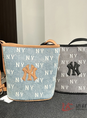 25新款MLB情侣水桶包男女NY老花满印牛仔斜挎包单肩包3ABMMV55N