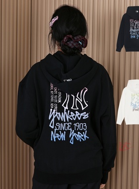 26新款MLB情侣外套男女NY渐变涂鸦开衫连帽卫衣运动夹克3ATRB0361