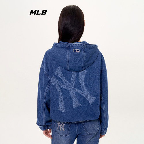 MLB情侣NY大标印花连帽牛仔外套