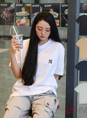 25新款MLB情侣短袖男女NY小标刺绣纯色圆领休闲运动T恤3ATSB0153