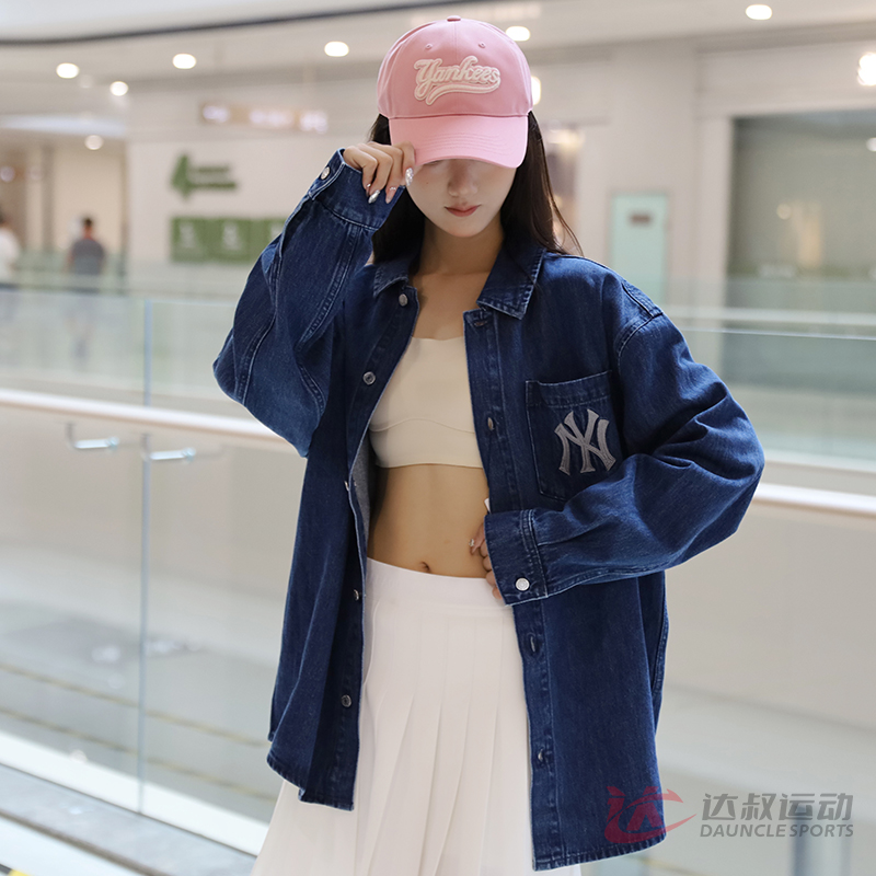 24新款MLB情侣牛仔外套男女NY刺绣字母复古宽松休闲衬衫3ADRB0641