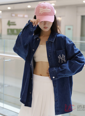 24新款MLB情侣牛仔外套男女NY刺绣字母复古宽松休闲衬衫3ADRB0641