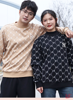 24新款MLB情侣运动卫衣男女NY复古老花满标休闲套头衫3AMTM0141