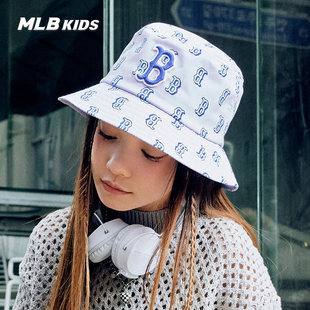 MLB儿童渔夫帽男女童字母刺绣老花满印防晒运动休闲盆帽7AHTM013N