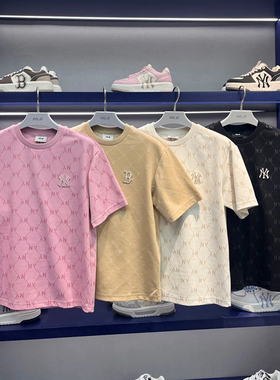 25新款MLB情侣短袖男女NY钻石老花满印圆领休闲运动T恤3ATSM0153