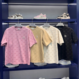 25新款MLB情侣短袖男女NY钻石老花满印圆领休闲运动T恤3ATSM0153