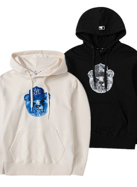 MLB情侣款卫衣男女NY卡通可爱皱眉熊运动休闲连帽套头衫3AHDE0131