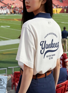 26新款MLB情侣短袖男女NY学院风撞色POLO衫翻领运动T恤3APQV0263