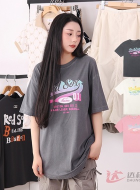 25新款MLB女款短袖NY复古学院风字母印花圆领运动T恤3FTSV1053