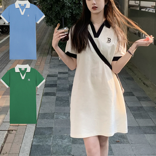 MLB连衣裙女NY字母刺绣学院风POLO翻领修身休闲运动裙3FOPB0333