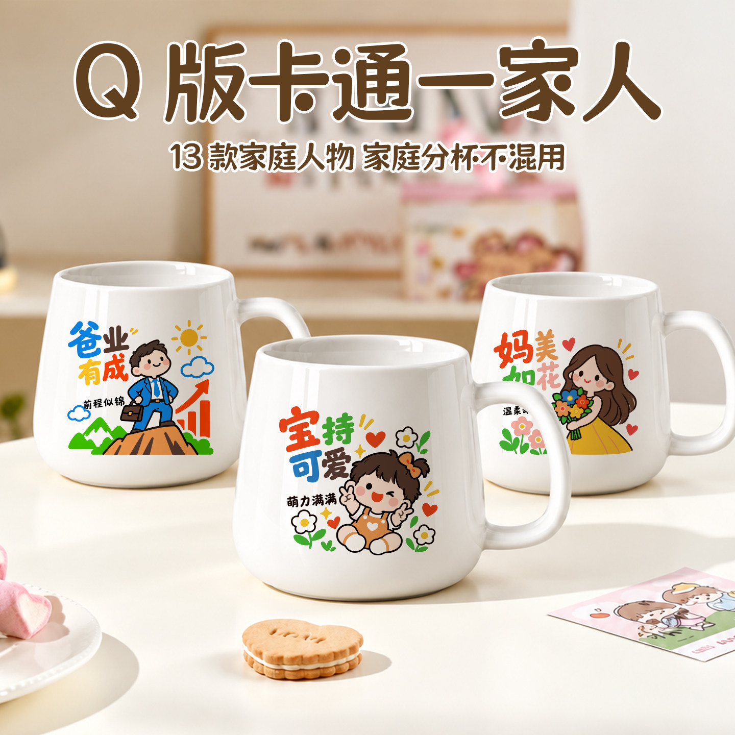 亮白一家人谐音梗马克杯卡通全家福陶瓷杯家用亲子杯长辈创意礼物