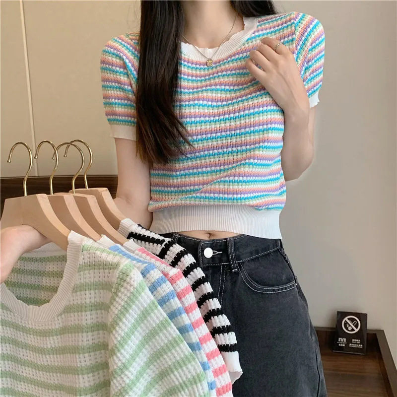 圆领chic正肩彩虹条纹针织短袖T恤女夏季设计感别致显瘦短款上衣,女装/女士精品,毛针织衫,淘宝优惠券,粉丝福利购,淘宝优惠卷