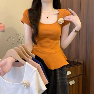 2025年夏季新款法式小众设计感方领正肩修身短款别致针织女上衣