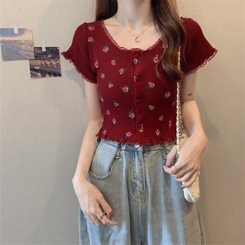 复古风蕾丝碎花针织衫女夏季新款