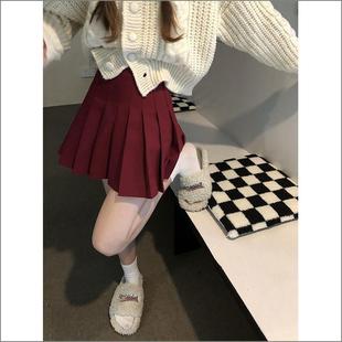 新年红百搭辣妹秋冬新针织裙百褶圣诞红半身裙高腰短裙a字裙显瘦