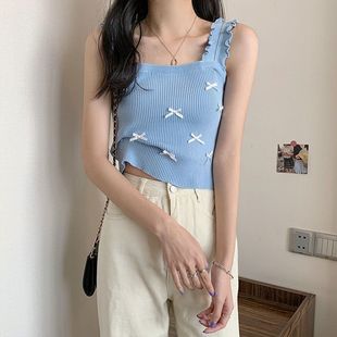 泫雅风木耳边蝴蝶结针织吊带背心女2025年夏季糖果色弹力内搭上衣