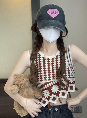 波西米亚民族风吊带小背心女夏无袖外穿镂空多巴胺美拉德三亚上衣