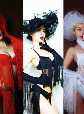 酒吧gogo演出服女性感黑色白色红色流苏比基尼套装大檐帽ds领舞服