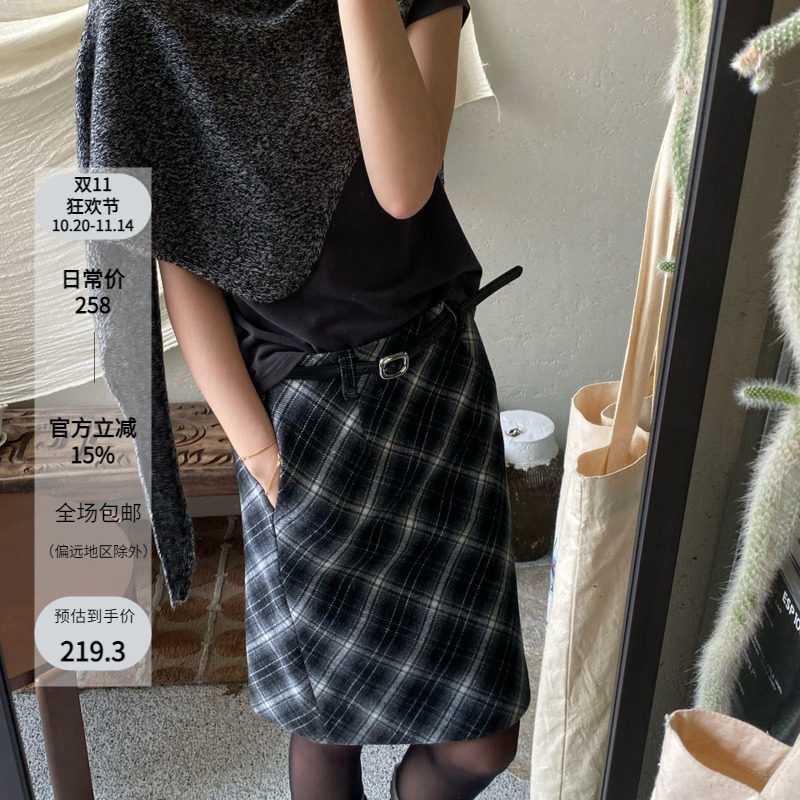 NSS品质女装时髦摩登格纹半裙女显瘦遮胯高腰直筒格子裙