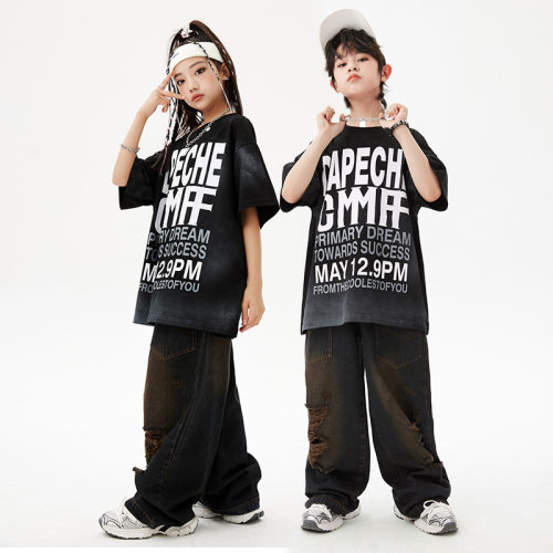 少儿街舞潮服嘻哈宽松男童hiphop舞蹈演出服女童潮牌童装酷帅套装