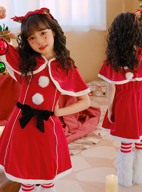 圣诞节儿童服装女童披肩斗篷连衣裙红色裙子派对装扮服饰圣诞老人