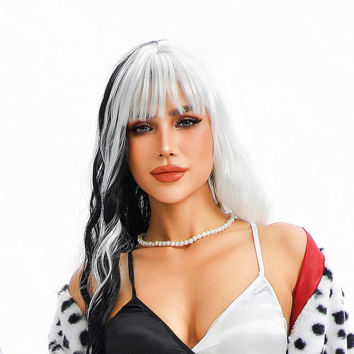 黑白色双拼长卷发cosplay电影101忠狗黑白魔女库伊拉cos假发欧美