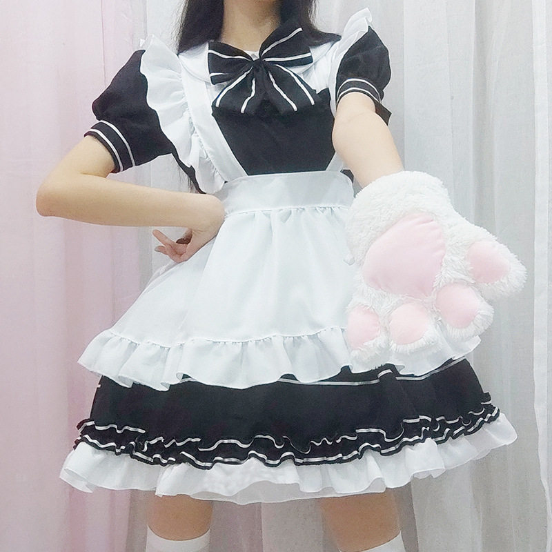 日系动漫新款女cos女仆装奇迹暖暖环游世界lolita黑白连衣裙套装图片