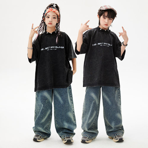 街舞儿童潮服嘻哈男童hiphop潮牌套装宽松复古T恤女童爵士舞演出