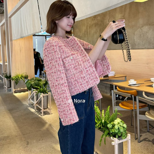 富家千金欧洲站小众设计师气质名媛小香风粗花呢直角肩粉色短外套