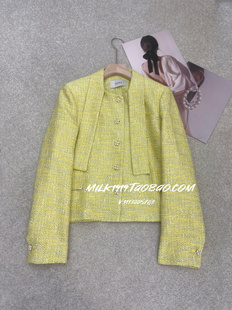 南油高级标志气质黄色小香粗花呢精致花扣外套 欧洲站2025早春新款