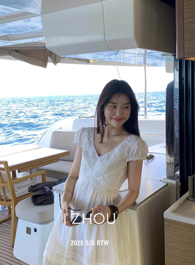 欧洲站2025夏季新款 设计师款小众法式甜美刺绣镂空钩花连衣裙女